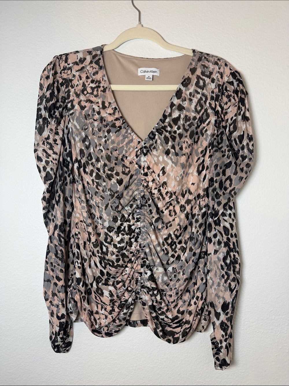 Calvin Klein Blush and Black Leopard-Print V-Neck Ruched Blouse